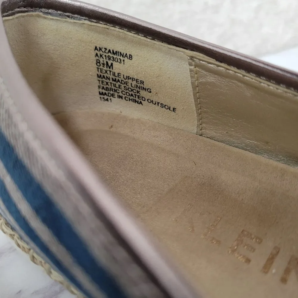 Anne Klein Stripe Blue Canvas Espadrilles with Bee Beaded Embroidery Flats Shoes